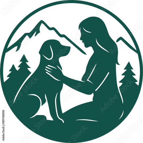 illustration of a woman with her dog outdoors, green