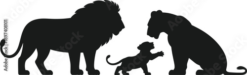 Lion family silhouette illustration showing male lion, lioness and cub interaction, wildlife parenting, animal protection concept isolated black animals on white background