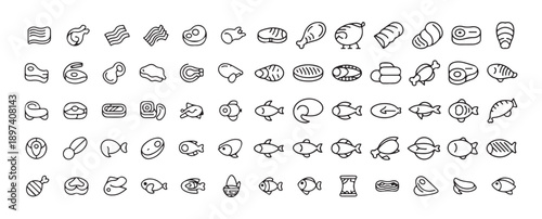 Meat and Seafood Doodle Icons Set, Black Line Art Protein Collection, vector illustration eps 10