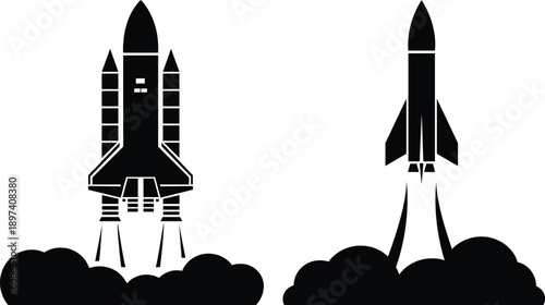 Iconic silhouette illustration of a spacecraft and rocket launching into the sky with billowing smoke clouds
