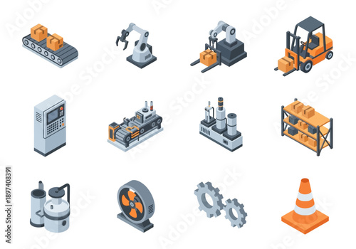 Industrial automation technology and manufacturing equipment isometric icons