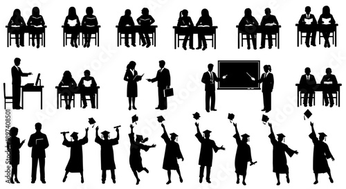 A comprehensive collection of vector silhouettes depicting educational and professional journeys, including students, teachers, and graduates in various learning, teaching, and achievement scenarios