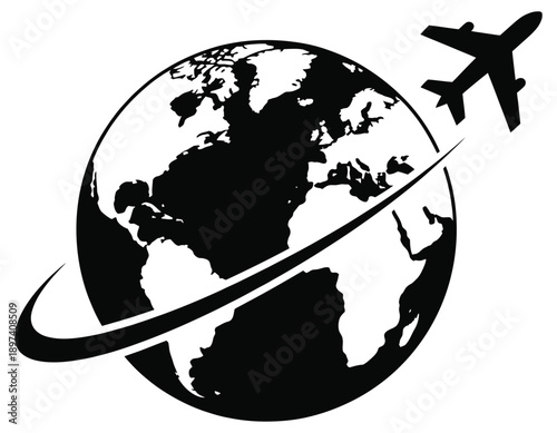 Airplane flying around the globe silhouette, isolated on white background, travel and aviation vector illustration.