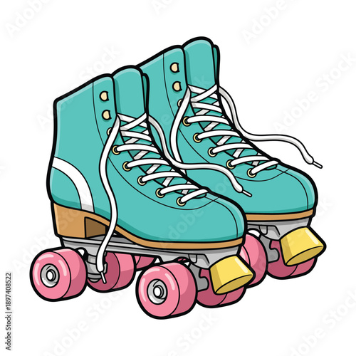 Retro style teal quad roller skates with pink wheels and laces vector illustration.