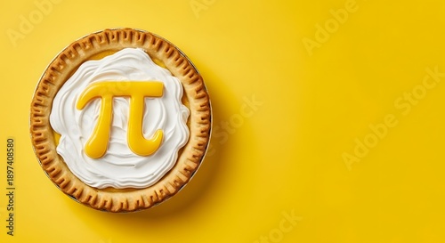 Pi day background with pie and pi symbol on yellow