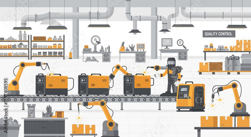 Automated assembly line in a modern factory with robotic arms and human worker overseeing quality control.