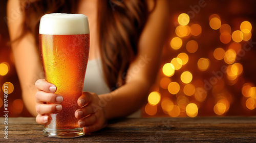 A woman holding a glass of ...