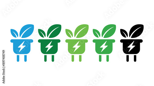 Sustainable energy concept: green power plugs with growing leaves symbolizing eco-friendly electricity