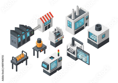 Industrial manufacturing plant with machinery and production process illustration