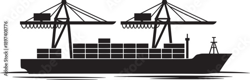 Container ship cargo loading with multiple cranes at busy port