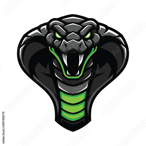 Fierce black king cobra snake head mascot logo with green scales vector illustration.