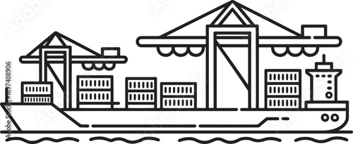 Container ship loading cargo at port with cranes line art black and white