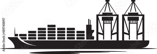 Container ship in sea port with loading cranes, global freight transportation industry