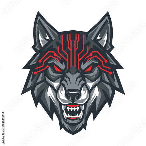 Futuristic cyber robot wolf head with red technology circuit lines vector illustration.