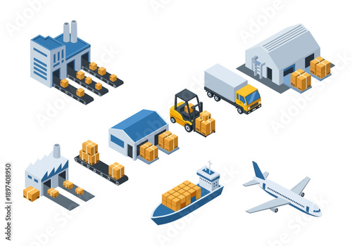 Isometric logistic and transportation services with cargo ship, airplane, forklifts, and warehouses