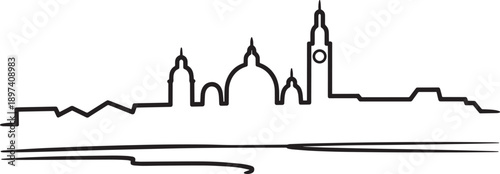 Continuous line art skyline design of historical european city with prominent bell tower