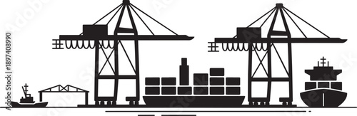 Container terminal harbor with lifting cranes and cargo vessel silhouette industrial graphic