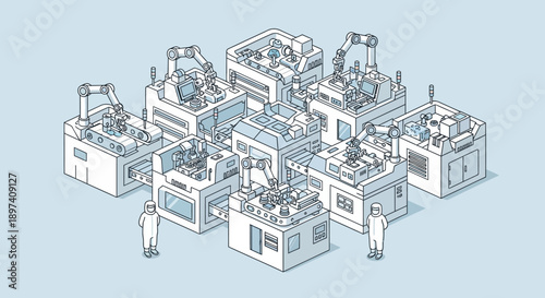 An isometric illustration depicting a cluster of advanced automated manufacturing machines with robotic arms, attended by two figures in protective suits.