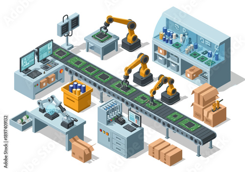 Automated electronic component assembly line with robotic arms and conveyor belt
