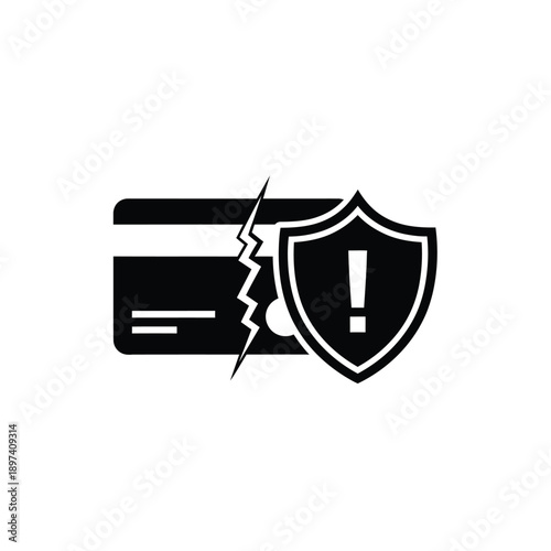 Broken credit card with alert shield icon for payment fraud prevention and financial security warning concept representing card cancellation and data breach isolated on white background for banking