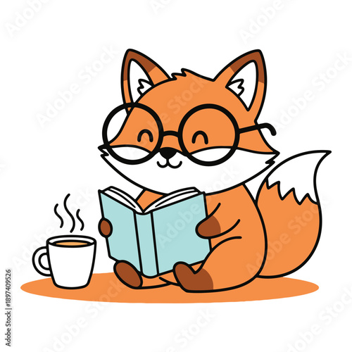 Cute orange fox character wearing glasses reading book with coffee vector illustration.