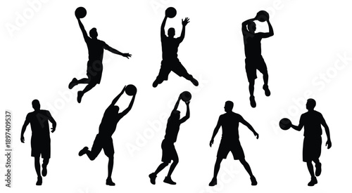 Basketball players in various action poses during game, dynamic sports vector illustration of athletes.