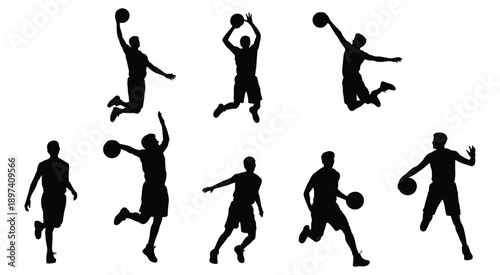 Basketball players in various action poses during game, dynamic sports vector illustration of athletes.