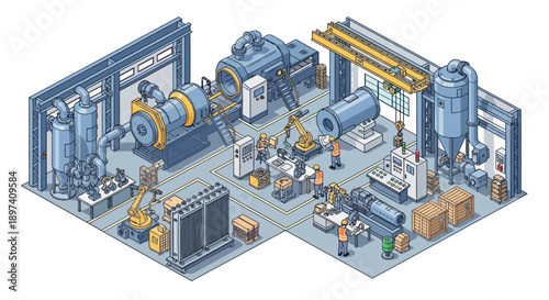 Isometric view of a modern industrial factory with automated machinery, robotic arms, and workers.