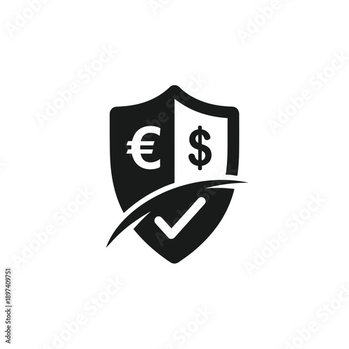 Financial security shield with euro and dollar symbols, indicating secure global currency exchange, approved transactions, and economic protection