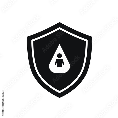 A solid black shield with a thin white outline encloses a white teardrop shape, within which a small silhouette of a person is centered, all on a white background