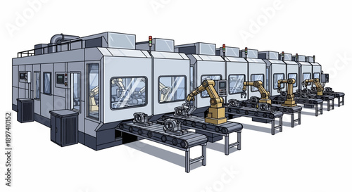 Automated robotic assembly line with multiple workstations and conveyor belts for manufacturing processes.