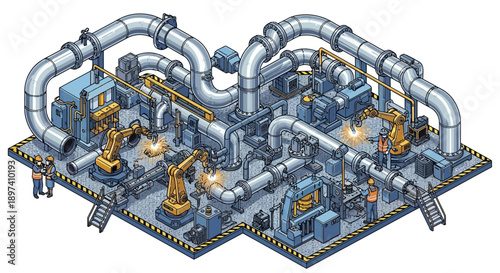Isometric view of a complex industrial factory with robotic arms and extensive piping systems.