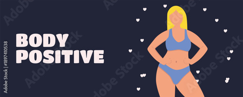 Body positive banner with beautiful plus size woman in underwear and swimwear self love concept