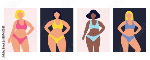 Body positive greeting card and banner set with multiracial plus size women in underwear and swimwear