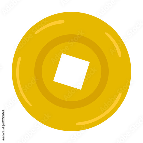 Traditional Chinese lucky coin illustration. Gold Feng Shui coin icon for good fortune, isolated on white.