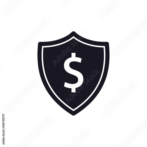 Shield with dollar sign icon vector, financial protection symbol, money security sign, investment safety and economic safeguard in solid black