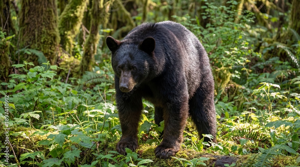 Fototapeta premium Black Bear Walking Through Lush Forest Underbrush Symbolizing Wildlife Conservation, Nature Exploration
