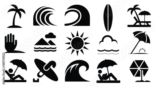 Beach and surfing icons set, black silhouettes on white background, summer sport and seaside vector illustration.