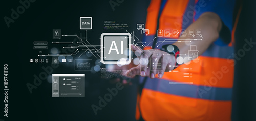 Engineer using futuristic touchscreen with AI artificial intelligence icon. Industrial technology concept for smart factory automation and digital data analysis transformation in business