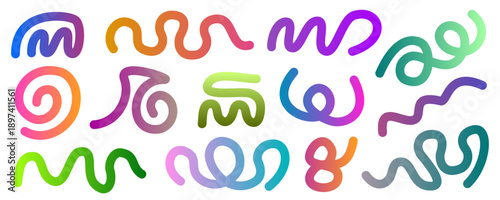 Colorful abstract doodle wavy line shapes, colorful swirls and curves, line squiggles elements, cute carnival confetti ribbons design