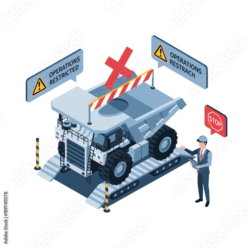 Isometric illustration of a mining truck with a worker holding a stop sign.
