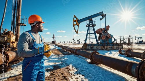 Oil Rig Supervisor: A focused oil rig supervisor stands confidently amidst the industrial landscape, his gaze fixed on the machinery as the sun shines.