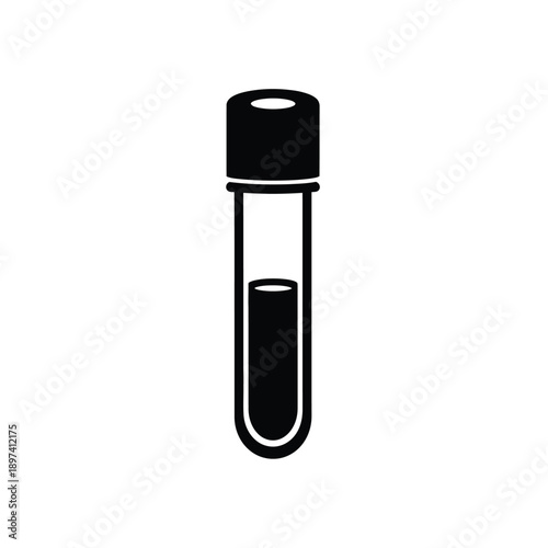 Simple black and white icon of an open test tube filled with liquid and capped, used for scientific experiments and analysis