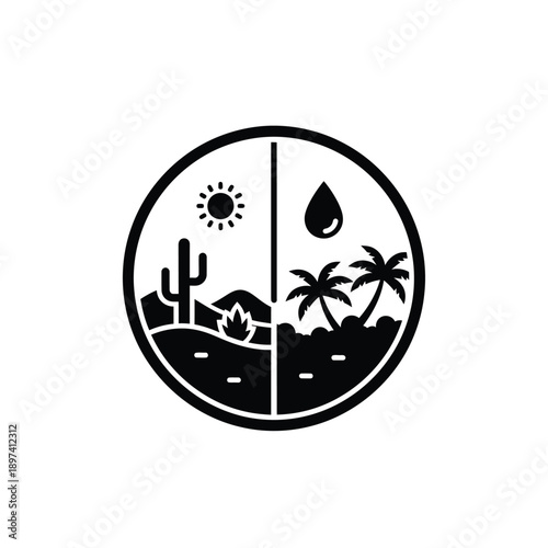 Split circular scene contrasting desert with cactus and sun on left, and tropical oasis with palm trees and water drop on right