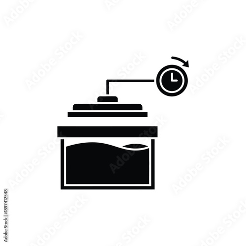 Automatic fish feeder timer icon for aquarium maintenance showing food dispenser with clock symbol for scheduled feeding routine in aquatic hobby setup isolated black silhouette on white background