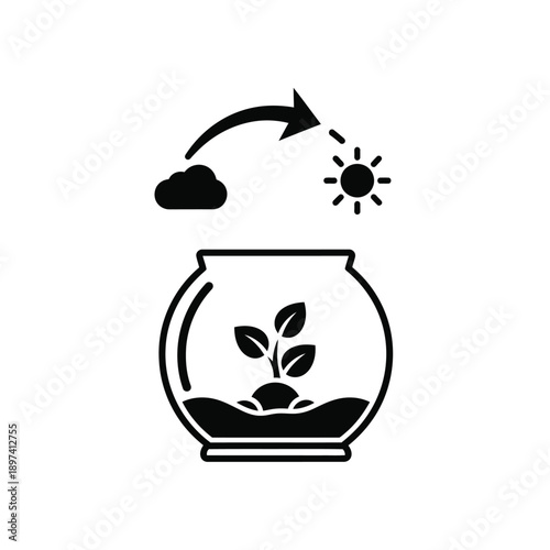 Smart terrarium ecosystem with plant and weather cycle icons representing automated climate control for indoor gardening and botanical science flat vector illustration isolated on white background