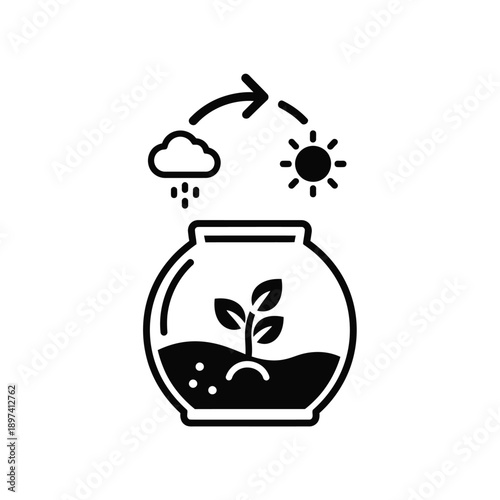 Plant inside glass jar with sun and rain on top vector illustration terrarium design icon logo concept natural growth miniature ecosystem botanical garden
