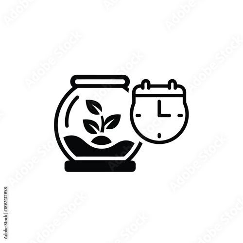 Ecological growing cycle icon with jar plant and calendar clock elements for gardening schedule and nature conservation projects featuring professional vector design for environmental app interfaces
