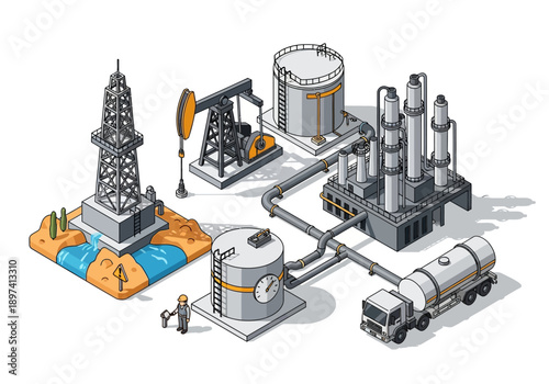 An isometric illustration of a large industrial oil refinery plant for fuel and gas processing, showing tanks, towers, and pipelines