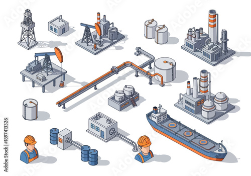 Oil and gas industry isometric elements including pump jacks and storage tanks